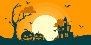 paysage avec château hanté et citrouilles